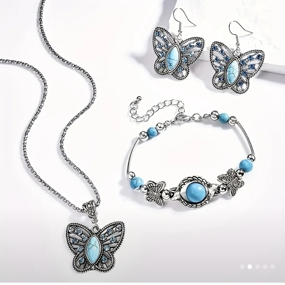 NWT Butterfly Jewelry Set - Necklace, Drop Hook Earrings & Bracelet - Picture 2 of 10